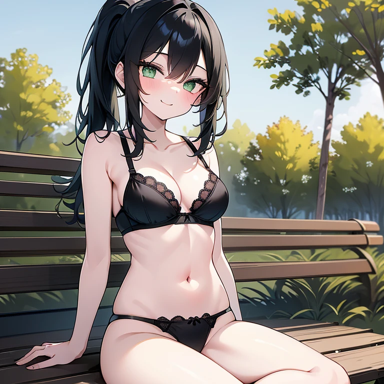 One girl, Alone, Black Hair, Green Eyes, ponytail, smile, In the park, Sitting on a bench, Underwear only, black lace trim bra, Black lace-edged panties, Sit in your seat、Spread your legs, sneakers 