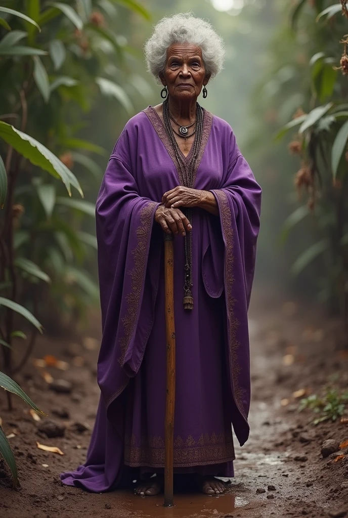Orixa woman with black skin, old woman of Afro religion, Nana, in pink clothing, in the mud swamp with her purple head cloth
