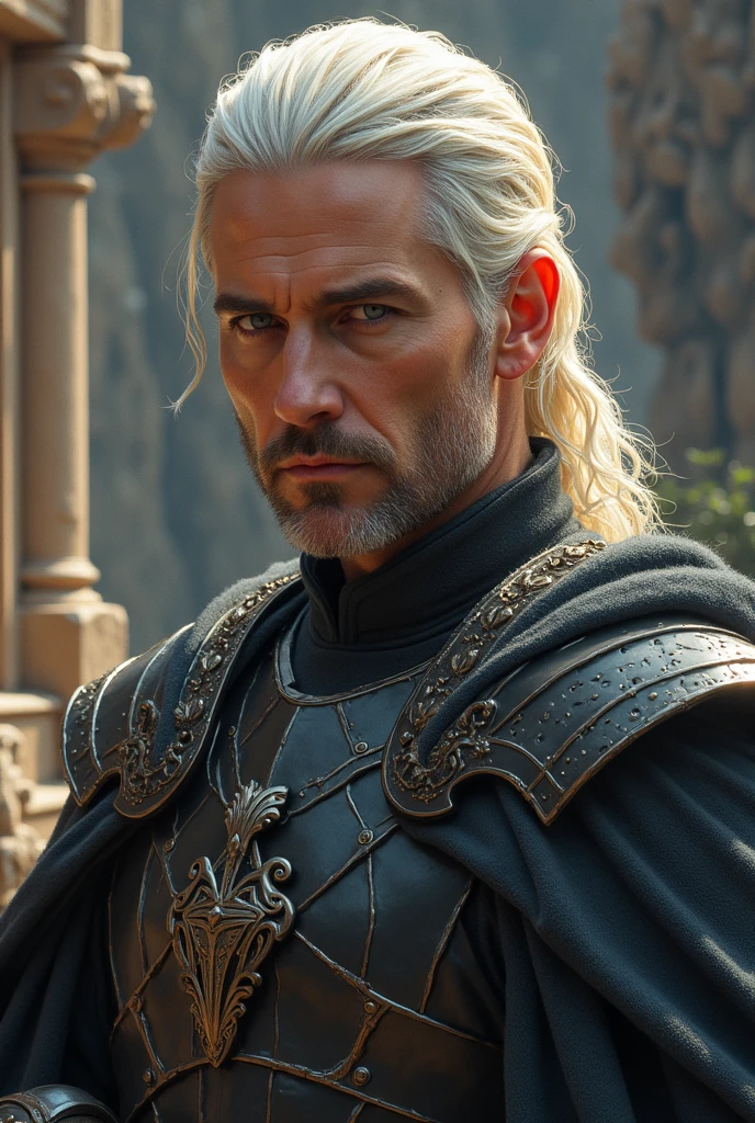 (8k, RAW photo, highest quality),(epic realistic:1.5), 1boy, caucasian, white hair, smirk, ((bright red eyes)), photorealistic, evil look, full armor, dark souls, intricate details,cinematic, dark studio,(hdr:1.5),detailed, muted colors