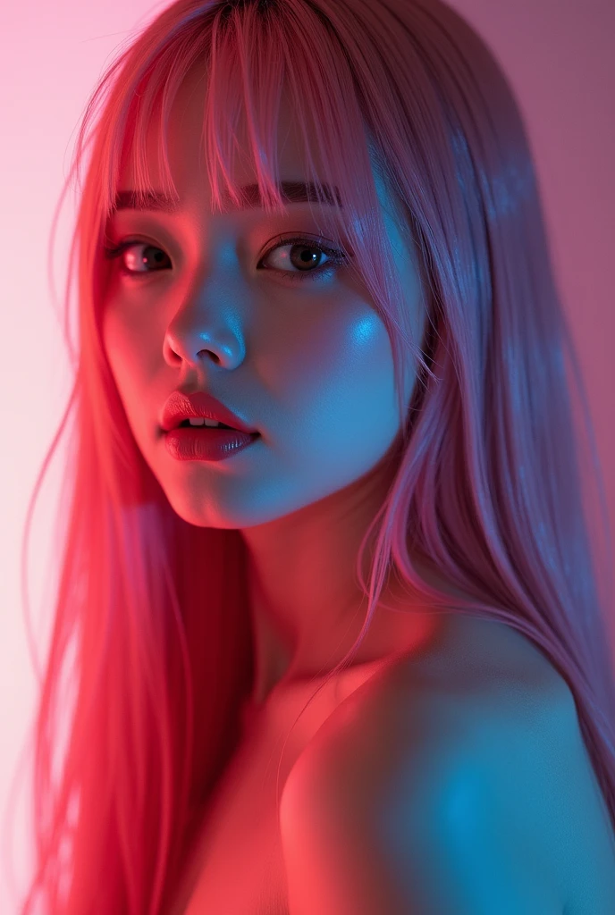 analogue photography of ahegao, pastel pink neon lights, flat lighting, (soft saturation:1.2),