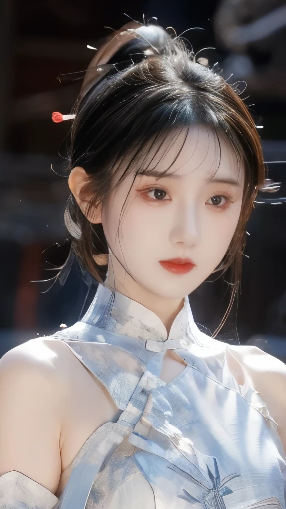 (Best quality,masterpiece:1.2),Ultra-high resolution,Realistically,Headlights,Intricate details,Exquisite details and textures,(1 Girl),solo,Upper Body,Petal pattern,漂亮的Big eyes,Red skirt,Beautiful face,For the audience,ribbon,gossamer,(young),Facial highlights,Detail production,Tear mole,White skin,Silver Hair,High Ponytail,Looking at the audience,Big eyes,(Hollow pattern),earrings,Slim figure,White background,The right hand,Professional lighting,Photon Mapping,Radio City,Physically Based Rendering