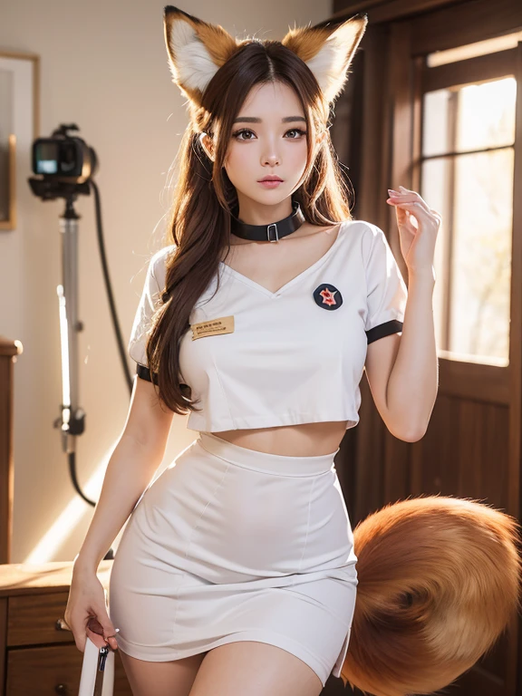 ((highest quality)), ((masterpiece)), (get used to it), perfect face, fox girl, Beautiful woman, public, A tail is growing, she has a fluffy tail, She has a big squirrel tail, she wags her tail, smile, collar and leash, get down on all fours, She is wearing a nurse uniform, beautiful hips, big breasts , big tail