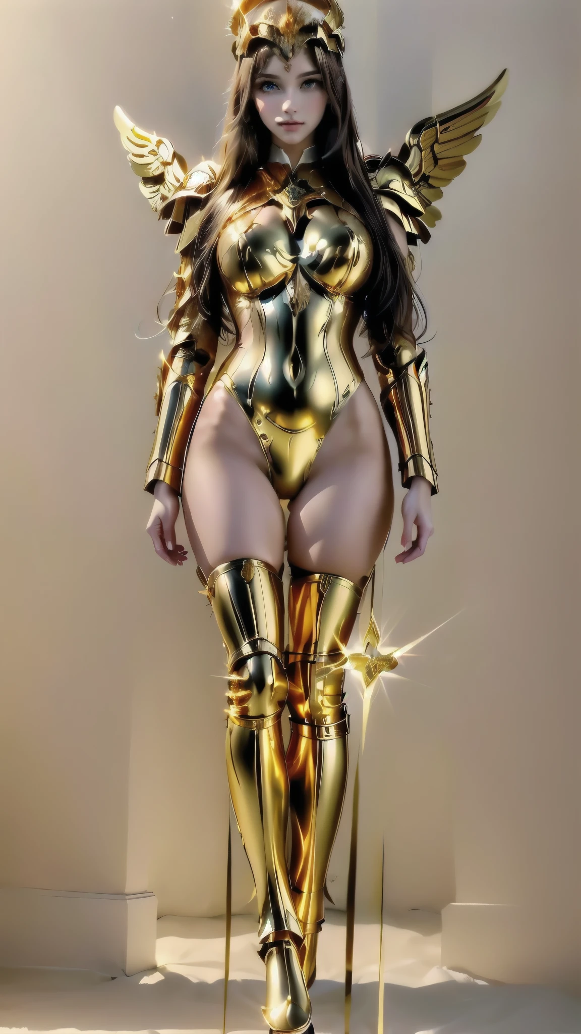 a close up of a woman in a golden costume with wings, knights of the zodiac , elegant gold body, sleek gold armor, Golden Goddess Athena, the sailor galaxia. beautiful, venus goddess athena, wearing witch blade armor, light gold armor, shiny golden bikini, angelic golden armor, gold body, golden armor, portrait knights of the zodiac , body golden armor, PERSEPHONE, PERSEPHONE, Ebony 