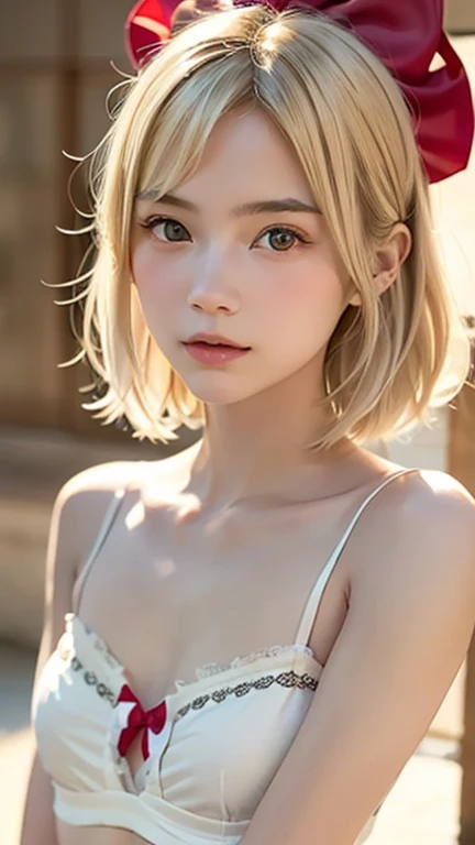 1 girl,Beautifully detailed face:1.3、Face close-up:1.6、The whole face fits in the frame:1.6、((She has a big red bow in her hair, just like a doll...:1.6))、 ((very small flat chest:1.7))、(A sheer camisole with a loose fit around the chest:1.7), ((look forward to:1.6))、Pink Eyeshadow:1.6、((Looking into the camera:1.3))、Very beautiful Japanese idol portraits, Brown Hair、
(RAW Photos, Highest quality), (Realistic, Realistic:1.4), (masterpiece), 
Very delicate and beautiful, Very detailed, 2k wallpaper, wonderful, finely, Very detailed CG Unity 8K 壁紙, Very detailed, High resolution, Soft Light, 
Beautiful detailed girl, Very detailed目と顔, Beautiful and sophisticated nose, Big beautiful eyes, Cinema Lighting, 
(Simple and solid background:1.3),
(Blonde medium hair:1.5), (Parted bangs), 
Complete Anatomy, Slender body,Very small breasts, Sensual look