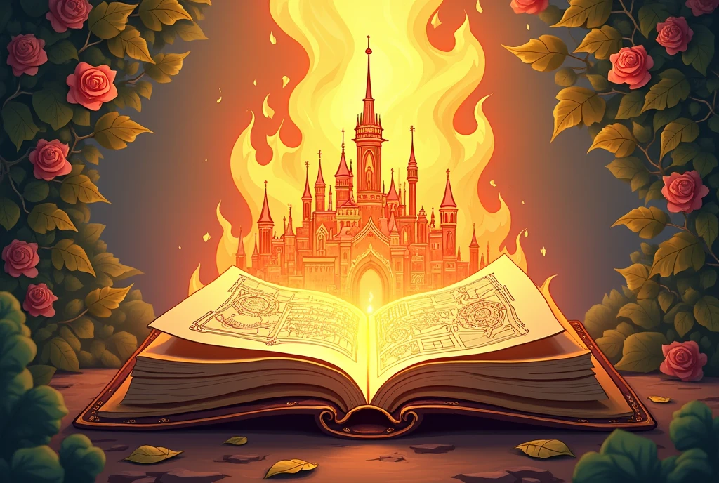 Bright cartoon style. Front view of open magic tome. Wide blueprint of epic fantasy city emerges from glowing empty pages. Surrounded with swirling vortex of leaves and rosy vines.