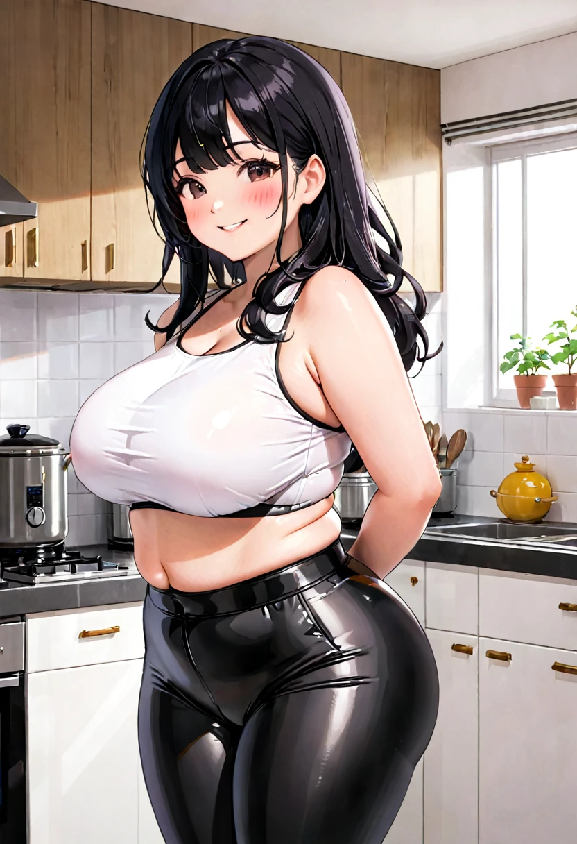 {{Artist: %pepe_(jonasan)%}} a mature muscular woman, confident eyes, kitchen, detailed background, behind kitchen island, black top, on her knees, clothed big tits, blowjob, man's skinny legs, man's dick in her mouth,