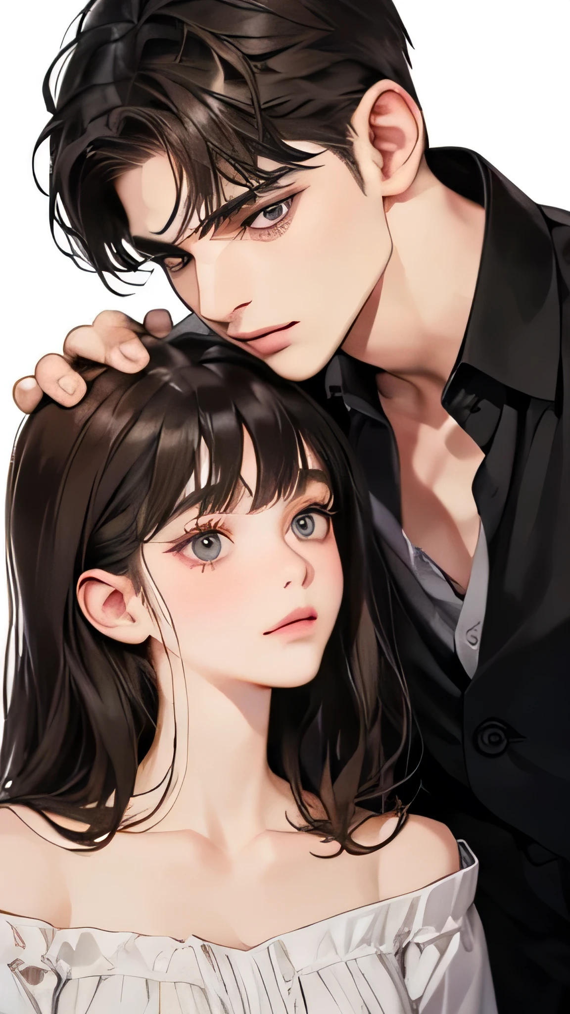 masterpiece, , Two people in the middle of the picture，1 female 1 male, Mature female, Mature male, Beautiful, 2, Close your eyes, Shut up, Extremely detailed face, ((Deep purple eyes)), ((French Twist Long Black Hair)), [Thin eyebrows], Accurate, ((front bangs hair)), In the city,((A man with dark grey eyes and short dark brown hair))，Two people one in front and one behind，Eyes looking at the camera，White background，（（Showing full head and shoulders））（Complete Character）