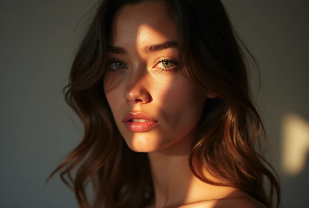 Da ist eine Frau mit Sommersprossen im Gesicht und schwarzem Hintergrund, Licht, that falls on the face, Dramatisches Licht im Gesicht, Beautiful face with backlight, Gesicht mit Hintergrundbeleuchtung, diffuse natural skin shine, Sonnenlicht, das durch die Haut dringt, Backlit portrait, Perfekt ausgeleuchtetes Gesicht, Das Gesicht ist hell erleuchtet, Cinematically beautiful natural skin, Medium Portrait Soft Light, Portrait soft light