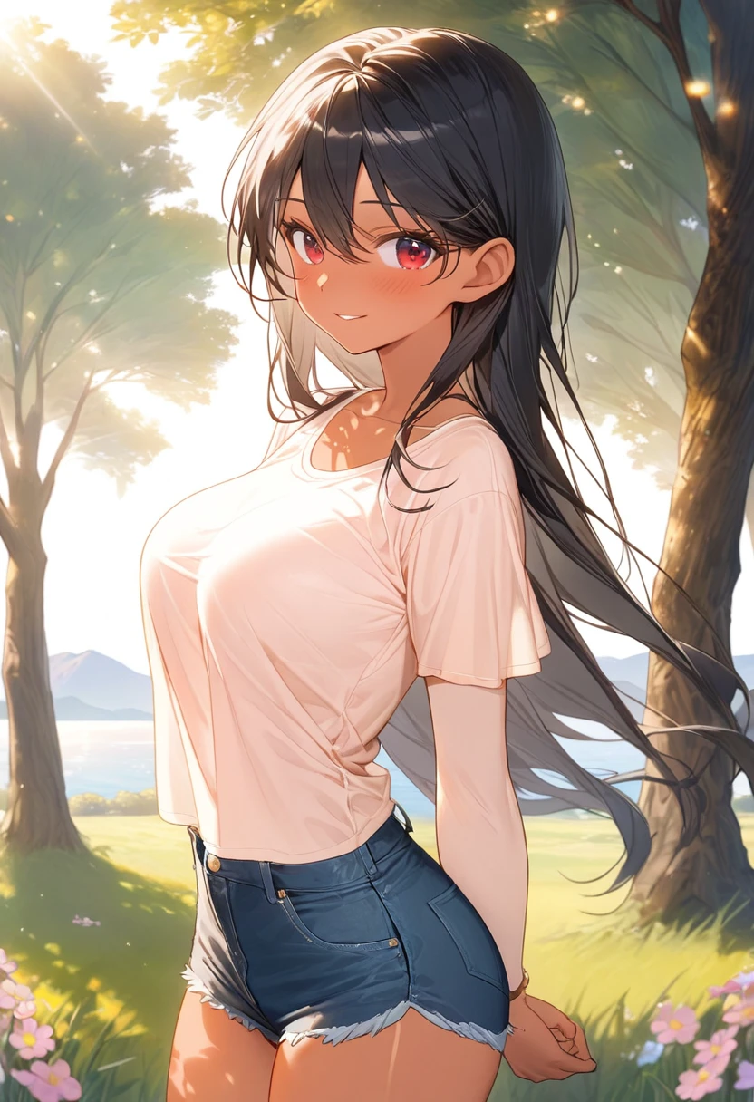 top-quality、Top image quality、masterpiece、12 year old girl、skin gloss、Dynamic super close-up view looking up from below with butt sticking out and slightly larger breasts、Slightly thicker emphasis on the thighs、Red T-Shirt Denim Shorts、Bare legged、Face Real、Face smile、Autumn foliage、Versatile sexy poses