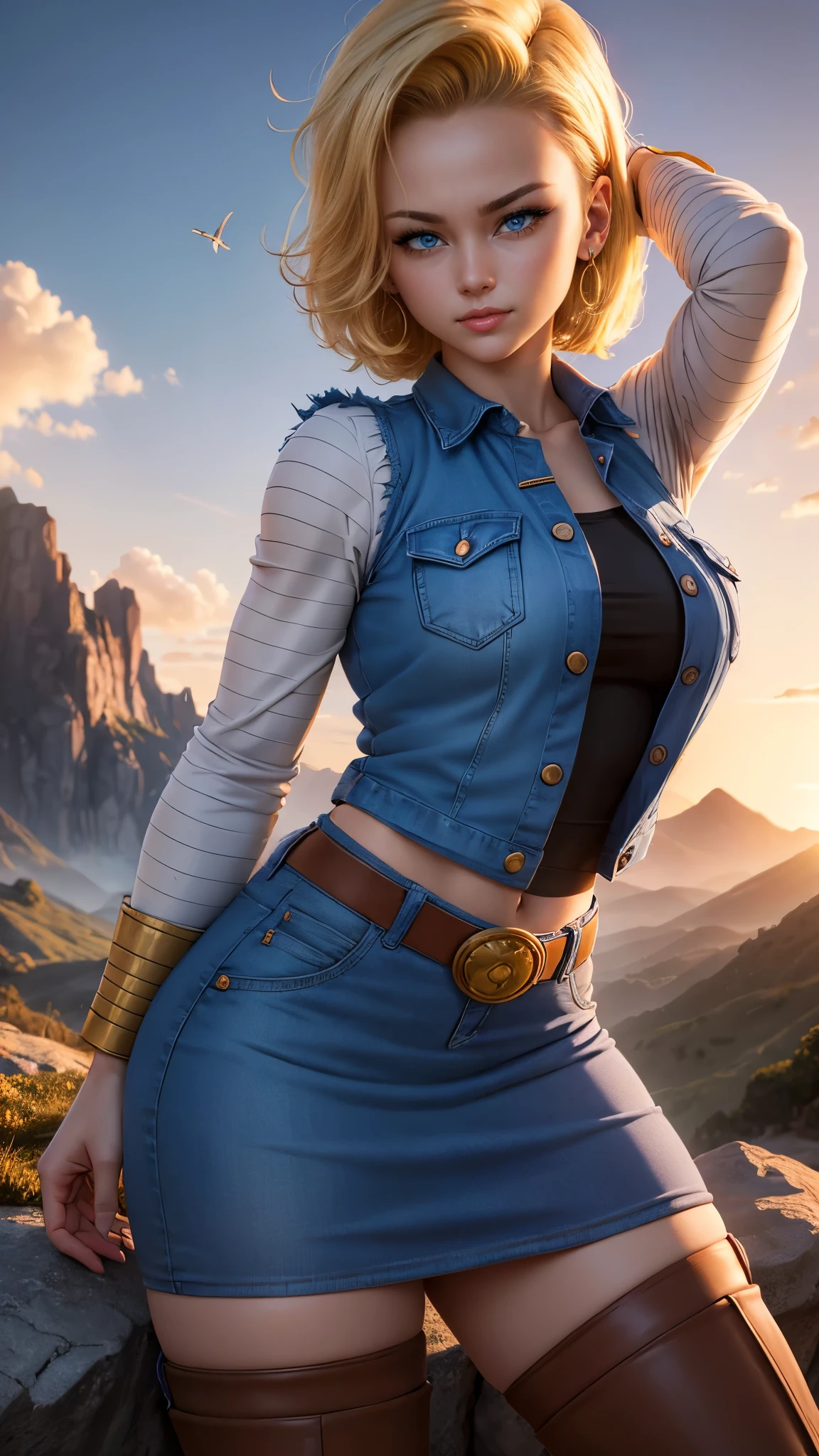 Android 18 da dragon ball,(best qualityer,4K,8k,high resolution,work of art:1.2)(weather: windy), mountain road background, battle ruins, short curly hair, blonde hair, black strapless top, tight denim skirt, brown boots, denim vest, earrings, pantyhose, flirting pose, ultra detailed,portrait,realistic,beautiful detailed blue eyes, beautiful detailed lips,extremely detailed eye and face, long eyelashes,average, large breasts,flying hair,beaming smile, sexy smile,powerful girl, bright coloured, dramatic lighting,