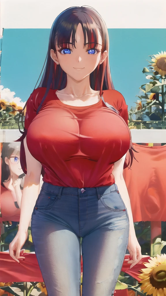 ((mizushima_asa)) happy face, (Red t-shirt, Blue Eyes, Big Breasts:1.5), Long Straight Hair, ((short jeans)), sunflower garden, masterpiece, best quality