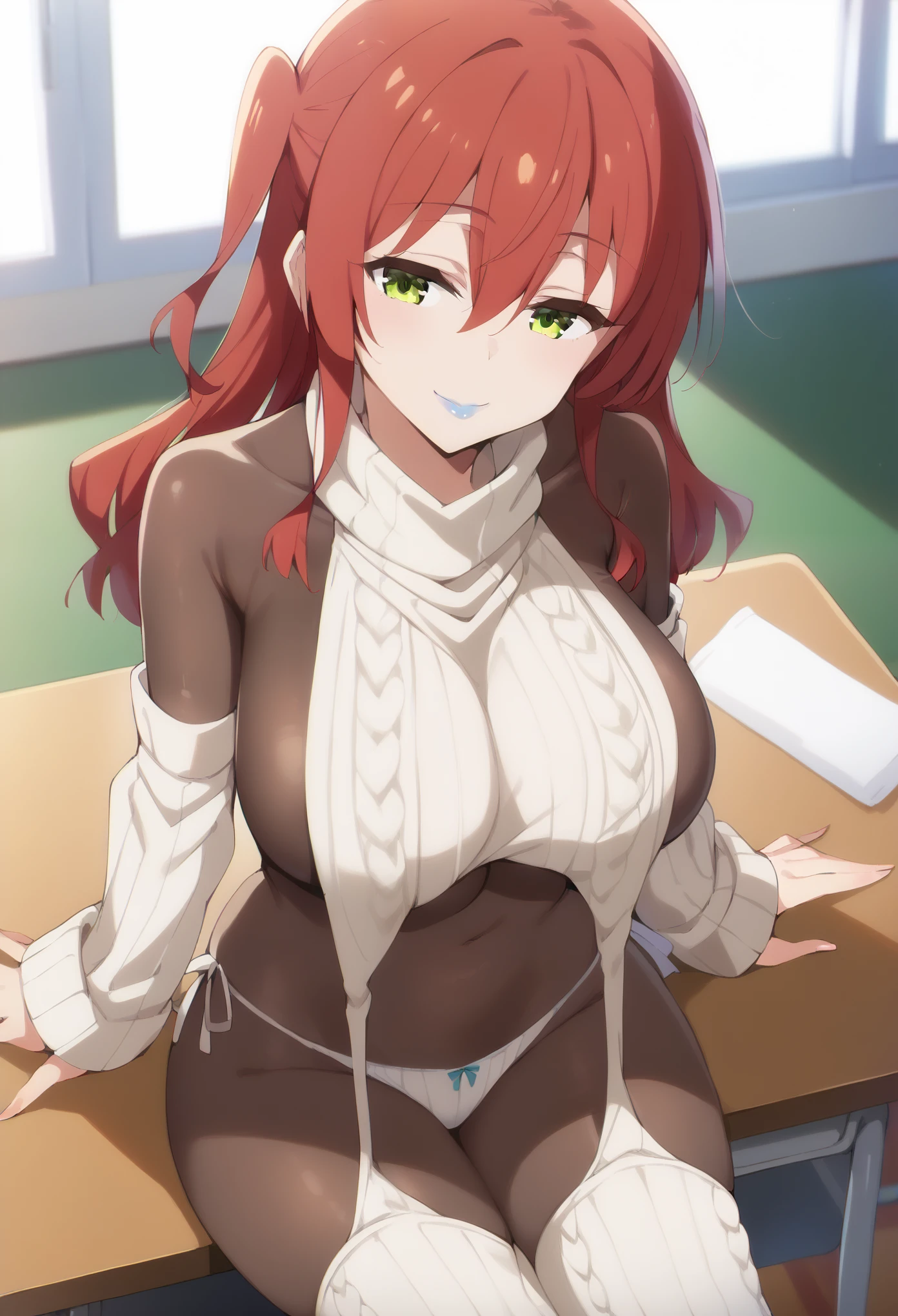 masterpiece, score_9, score_8_up, score_7_up, source_anime, zPDXL3, high quality, extremely detailed, 1girl, milf, solo, ikuyo kita, (huge breasts), ((((red hair), long hair, hair between eyes, one side up, green eyes, half-closed eyes))), (blue lips), (((bodystocking, virgin destroyer sweater, detached sleeves, panties, thighhighs))), ((light smile), closed mouth), ((sitting,on table, finger on lips, classroom))