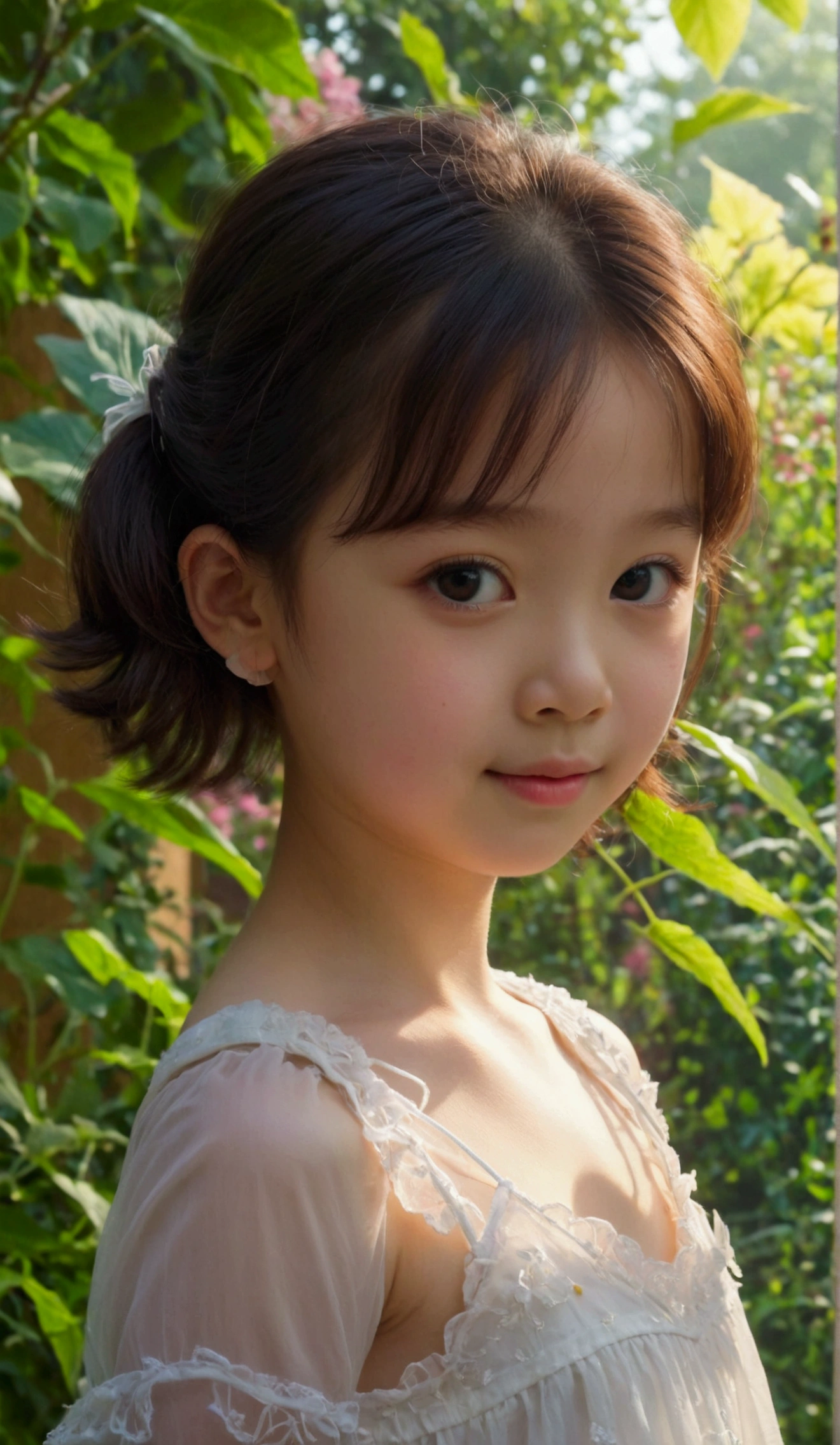 8k, masterpiece, cute, very pretty, Indonesian-Chinese, age 10, ((preteen)), pale skin, Innocent face, cute face, juvenile physique, beautiful body, Calm Eyes, White camisole dress, Her clothes are transparent and her skin is visible, adorable, blushing, pretty, flawless, Anatomically Correct, shy, embarrassed, Looking at the viewer, show off her cuteness, in the garden, natural lighting