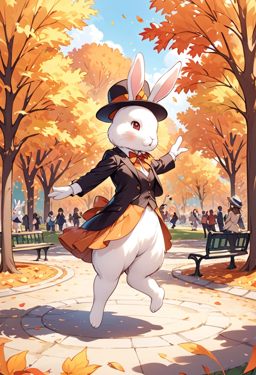 Park in the fall season, A rabbit wearing a hat is dancing.