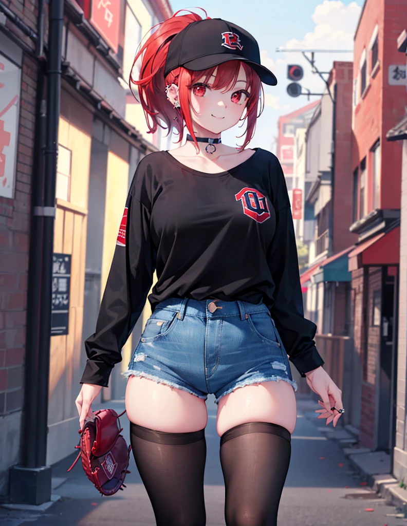 young girl, red hair, girl, small girl, tiny girl,  small breasts, 18 years old, twintail hair, pink bangs, pink eyes, black top shirt, blue jeans short, in a ´park, looking at viewer, 4k, masterpiece, 8k, detailed, Hd anime, all body in art, full body
