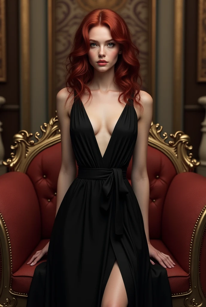 ((solo, 1woman, (red hair, long hair), lipstick, Extremely detailed, ambient soft lighting, 4k, perfect eyes, a perfect face, perfect lighting, a 1girl)), ((solo, (1woman, lipstick), Extremely detailed, ambient soft lighting, 4k, perfect eyes, a perfect face, perfect lighting, a 1girl)), , ((fitness,, shapely body, athletic body, toned body)), ((black dress, imperial throne, sitting on a throne, flowes, high heels, throne room, palace)), crossed legs