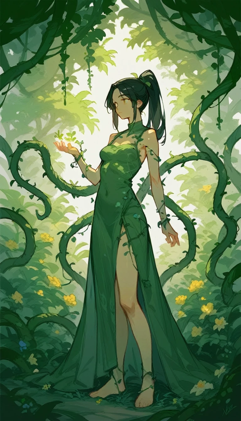 1 girl, solo, medium breast, ponytail black hair, mage dress, sketch, fullbody, vines, flowers, tree magic, dendro magic, 