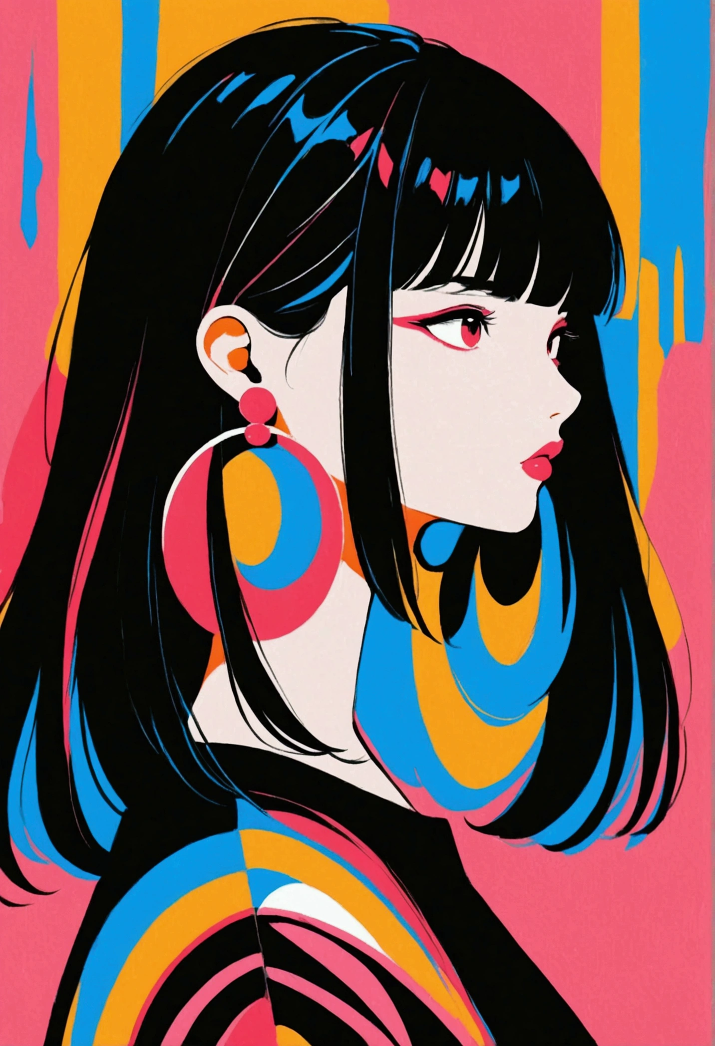 short, straight black hair with bangs, large round white and red earrings, standing with head turned to the side, wearing a black top with a blue collar, looking towards the right, pink background, bold and colorful illustration style, well-defined edges, high contrast colors, bright and lively atmosphere, artistic and modern.