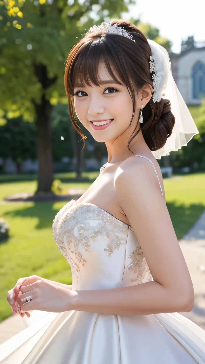 (((high quality,masterpiece,4k,8k))),cute girl,japanese idol ,big eye,blue eye,brown low twin tails,smile,WEDDING DRESS,BOUQUET