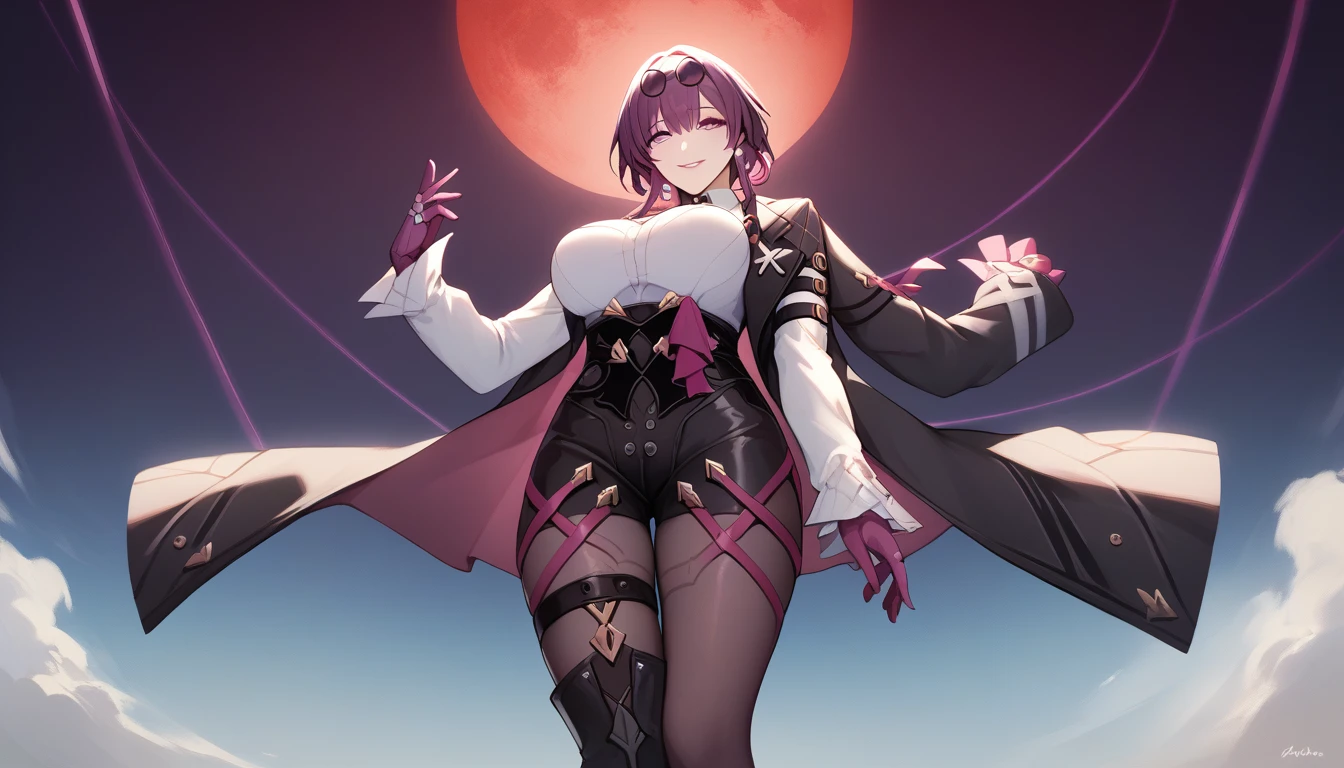 One Girl,Kafka, Purple eyes, Purple Hair, bangs, Side Lock, Please put your glasses on your head, earring, White shirt, Collared shirt, Long sleeve black jacket, Jacket on shoulders, Harness, Large Breasts, Purple gloves, Black shorts, High Waist Shorts, Purple thigh straps, Pantyhose, Single thigh high boots,There are no students, Black choker, ring, Expose your shoulders, pearl earring, Armband,masterpiece, Anatomically correct, 8k,(background,Big red moon,detailed),Cowboy Shot, Composition looking up from below,Captivating smile, Open your arms