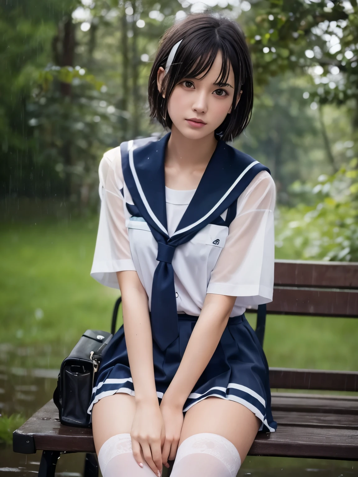 cute, two girls, elementary school students, , school uniform, short sleeve, very short skirt, black hair, ponytail, innocent smile, shiny skin, white high socks, medium bust, see-nipples, (((wet))), (((see-through)))