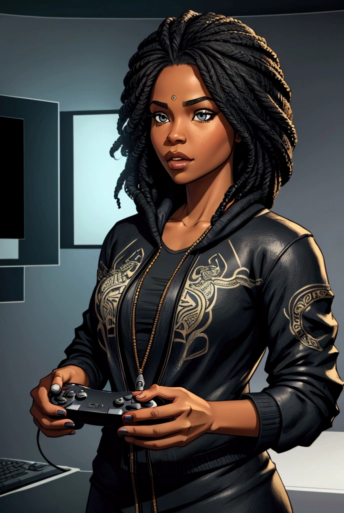 a gorgeous African girl with long dark hair, detailed eyes, nose, and lips, large breasts, wearing a tank top, sitting in her office, using her computer, hp computer (best quality,4k,8k, highres,masterpiece:1.2),ultra-detailed,(realistic,photorealistic,photo-realistic:1.37),HDR,studio lighting,extremely detailed face and body, portrait,cinematic lighting,dramatic lighting,warm color tones,dramatic colors, Seed 13021530