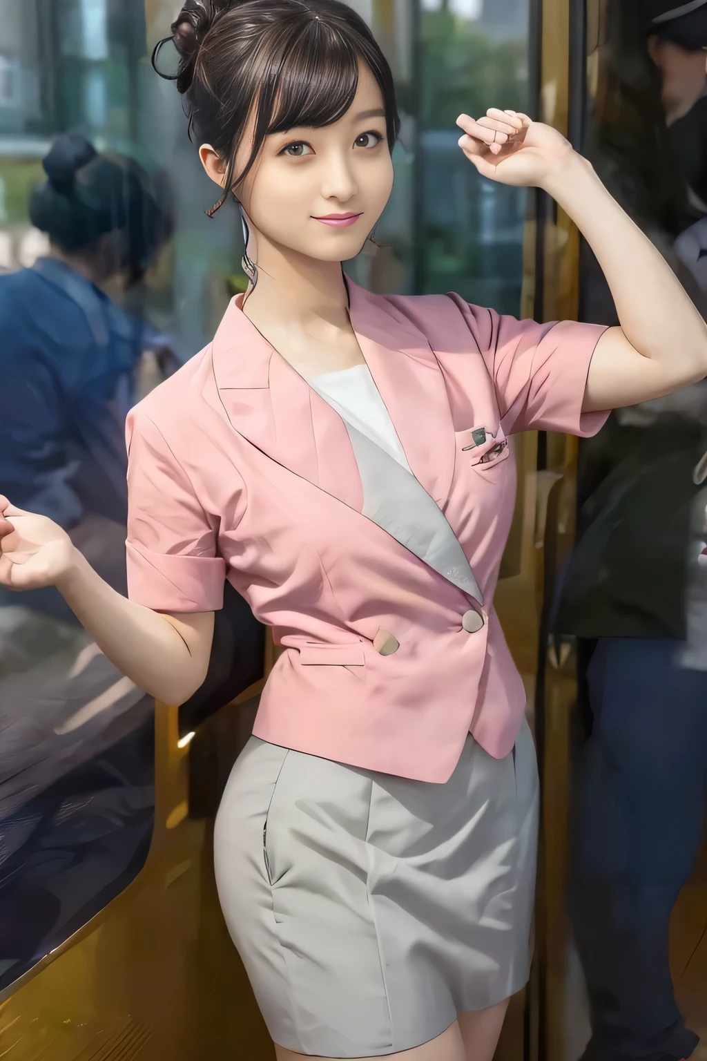 (masterpiece:1.2, Best Quality:1.2), 32K HDR, High resolution, (Alone、1 girl)、（On the roof of a building during the day、Professional Lighting）、Building rooftop background、（Nankai train crew uniform pinkを着たリアルスタイル）、（Nankai Railway crew uniform, pink, short sleeve, collarless, pink jacket、Nankai Railway crew uniform pink no-collar short-sleeve blouse、Nankai Railway crew uniform pink grey knee-length culottes）、（（The bottom of the pink short-sleeved jacket cannot be tucked into the clay-colored culottes..））、Dark brown hair、（Hair tied up、Hair Bun、Hair Bun）、Dark brown hair、Long Shot、Big Breasts、Thin legs、（（Great hands：2.0）），（（Harmonious body proportions：1.5）），（（Normal limbs：2.0）），（（Normal finger：2.0）），（（Delicate eyes：2.0）），（（Normal eyes：2.0））)、smile、（Nankai Railway crew uniform pink grey knee-length culottesを見せた美しい立ち姿）
