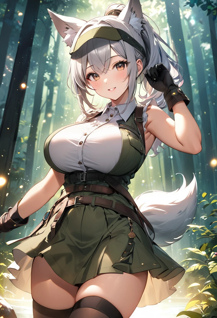 1girl, matured female, bow, best quality, detailed face, blonde hair, short hair, black eyes, long lashes. Military clothes, fluffy wolf tail, wolf ears on head, smiling, wolf girl, wagging tail, arms crossed over chest, happy, army girl, green camouflage pattern outfit.