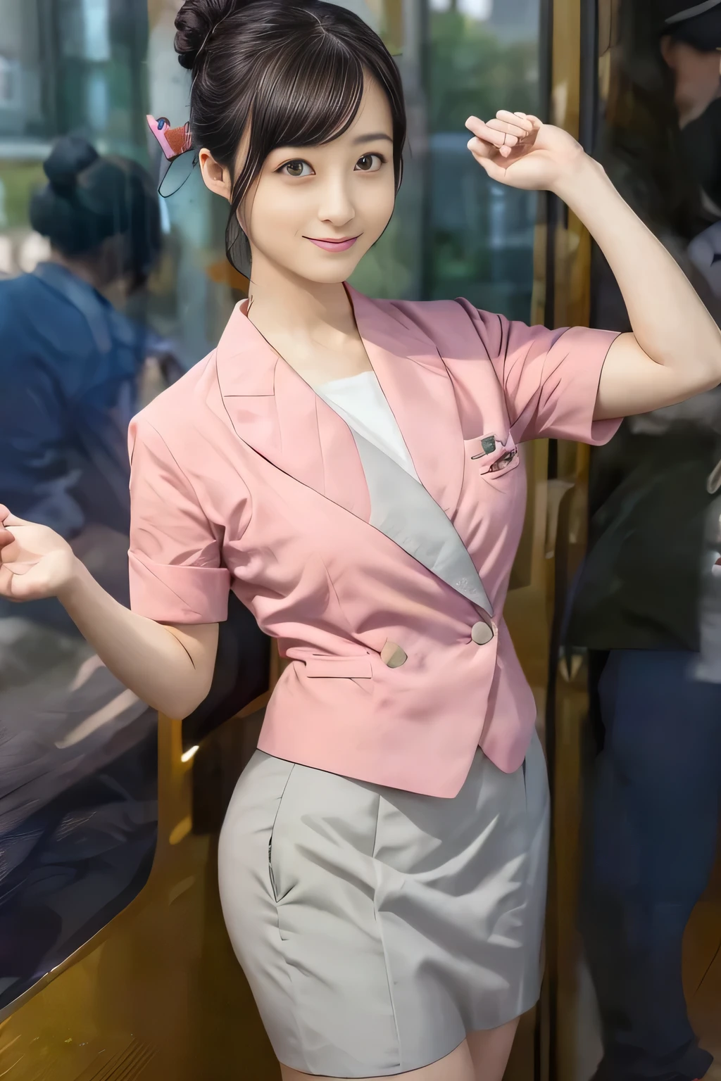 (masterpiece:1.2, Best Quality:1.2), 32K HDR, High resolution, (Alone、1 girl)、（On the roof of a building during the day、Professional Lighting）、Building rooftop background、（Nankai train crew uniform pinkを着たリアルスタイル）、（Nankai Railway crew uniform, pink, short sleeve, collarless, pink jacket、Nankai Railway crew uniform pink no-collar short-sleeve blouse、Nankai Railway crew uniform pink grey knee-length culottes）、（（The bottom of the pink short-sleeved jacket cannot be tucked into the clay-colored culottes..））、Dark brown hair、（Hair tied up、Hair Bun、Hair Bun）、Dark brown hair、Long Shot、Big Breasts、Thin legs、（（Great hands：2.0）），（（Harmonious body proportions：1.5）），（（Normal limbs：2.0）），（（Normal finger：2.0）），（（Delicate eyes：2.0）），（（Normal eyes：2.0））)、smile、（Nankai Railway crew uniform pink grey knee-length culottesを見せた美しい立ち姿）
