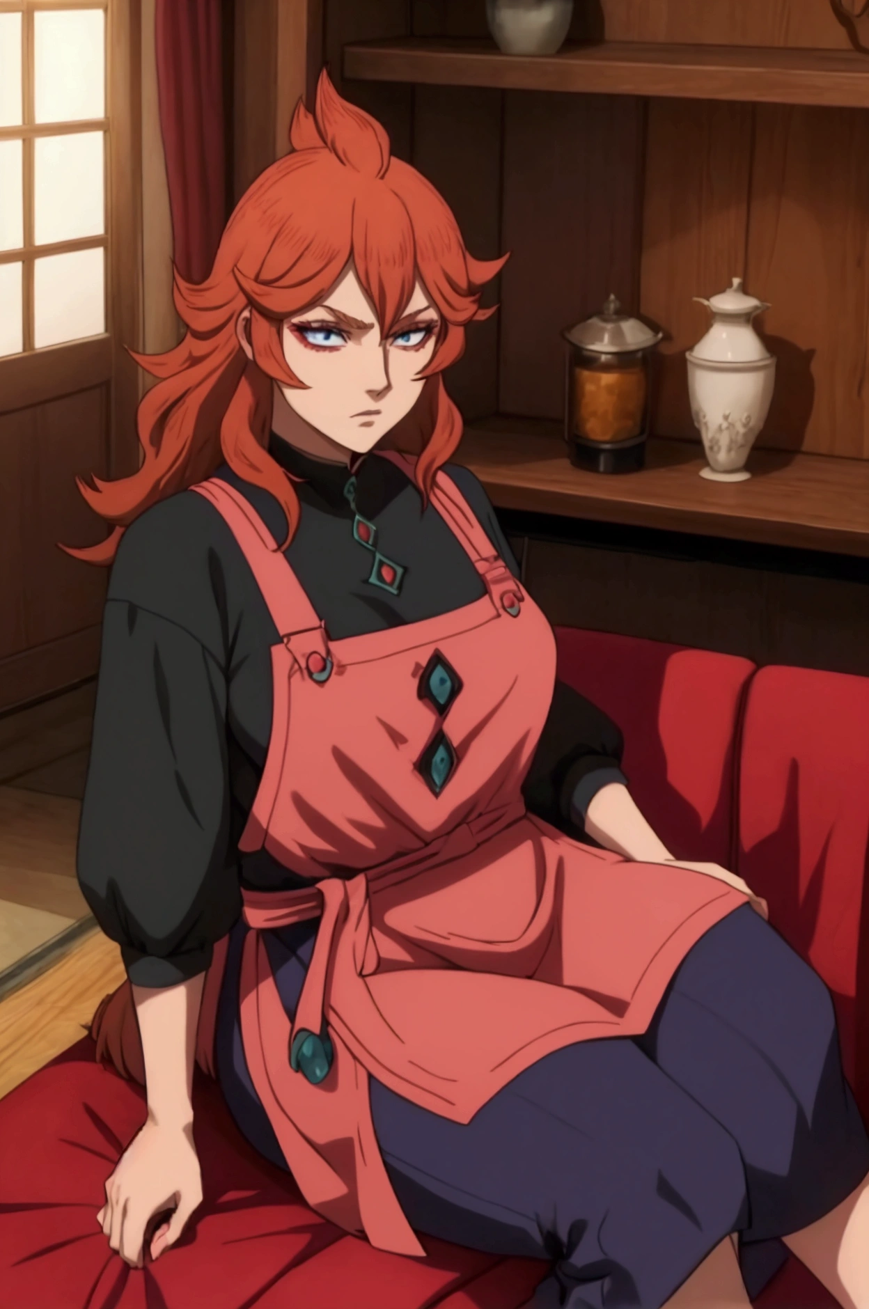 Scoring_9, Scoring_8_above, Scoring_7_above, source_anime, 1 , Alone, big breasts, Good red , redhead blue eyes dark pupils, black clover , Madura , Mulher Madura feminino, short kitchen apron , nsfw, assessment: Em geral, inside the house,   sitting no sofa pernas abertas sofá, sitting , leaning on sofá, , see through, transparent is hypnotized by you waiting for your command,  allied teeth,  proud but surrendered to you , domada mereoleona vermillion 