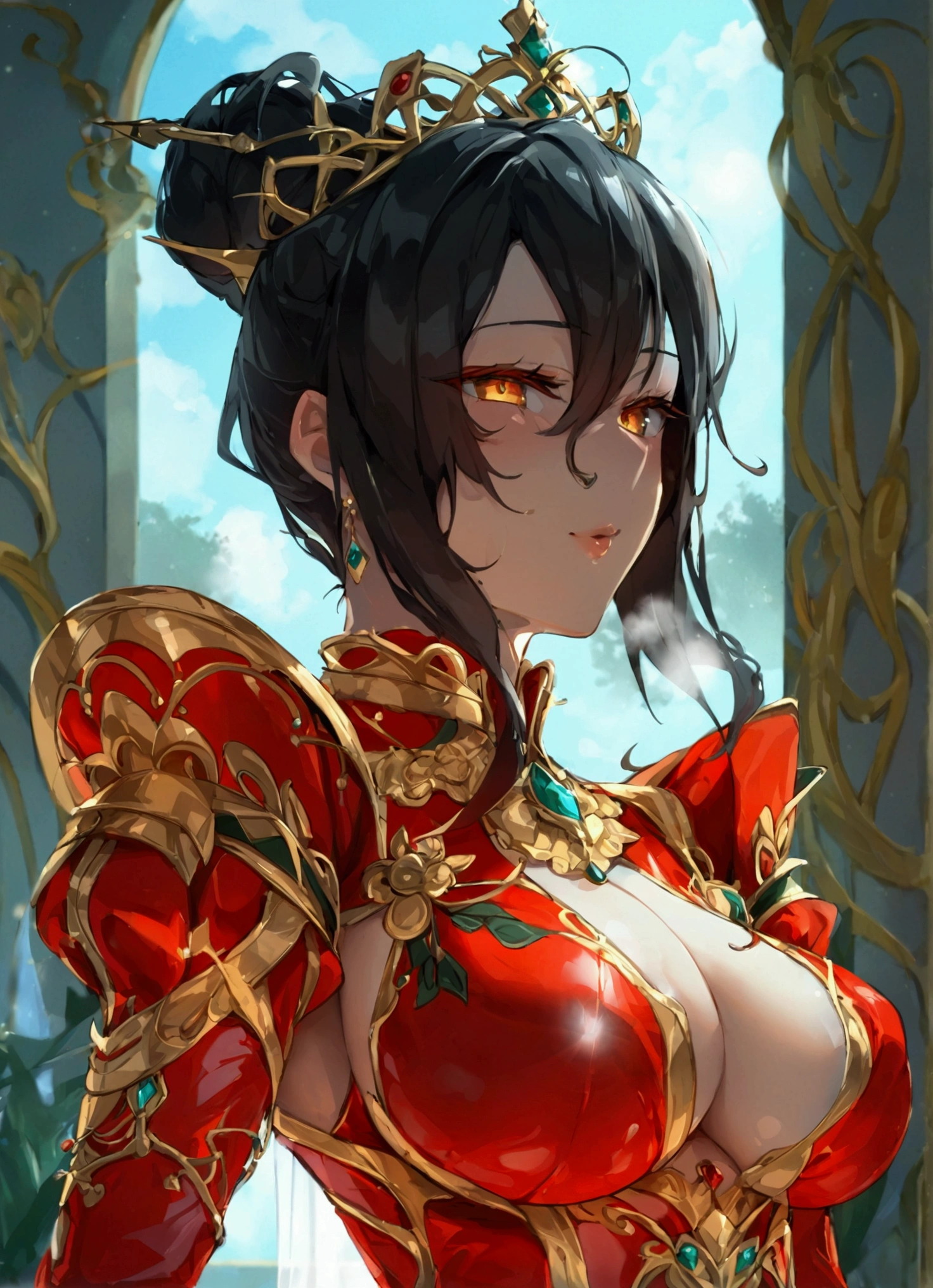 best quality masterpiece extremely detailed highres 1girl huge breasts Bodysuit Emperor sexy breath