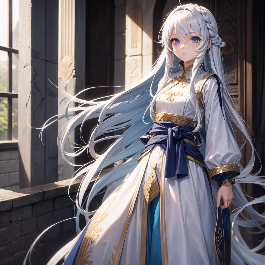 In the background in house, a beautiful girl name is Lisa, 18 year old with blue eyes, long white hair, wearing a white tunic is sad, As emperor, Remembering a person, Sigh