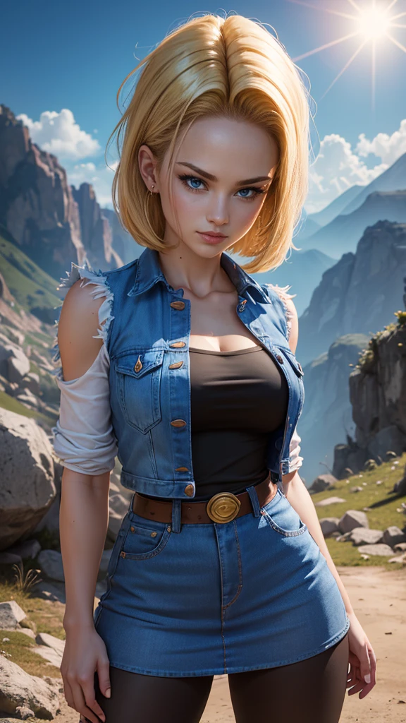 Android 18 da dragon ball,(best qualityer,4K,8k,high resolution,work of art:1.2)(weather: windy), mountain road background, battle ruins, short curly hair, blonde hair, black strapless top, tight denim skirt, brown boots, denim vest, earrings, pantyhose, sexy pose, ultra detailed,portrait,realistic,beautiful detailed blue eyes, beautiful detailed lips,extremely detailed eye and face, long eyelashes,average, large breasts,flying hair,beaming smile, sexy smile,powerful girl, bright coloured, dramatic lighting,