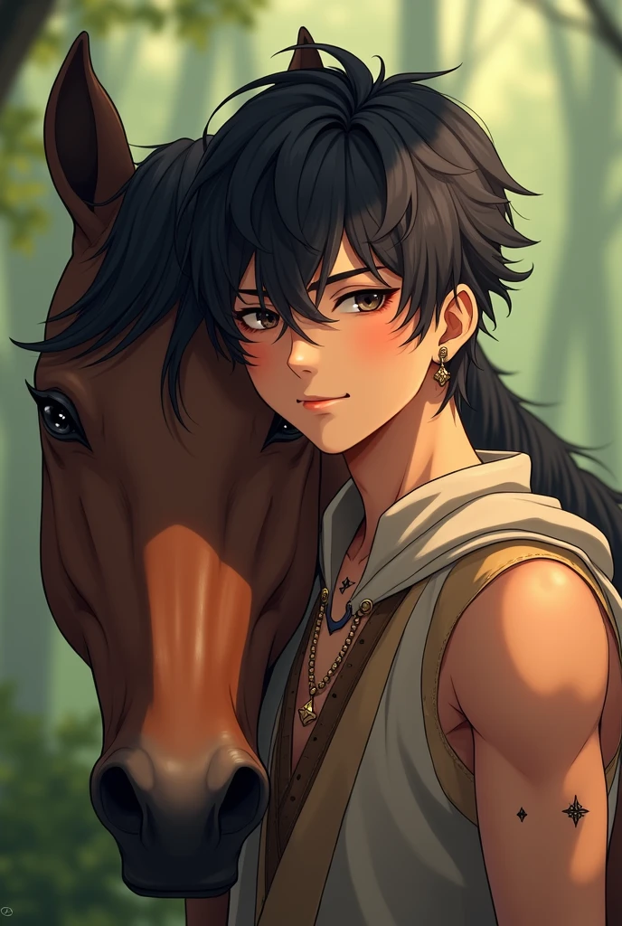 centaur men、delicate、************、、naked、looking straight ahead、The upper body is centered in the photo、smile、forest、perspective close to the face