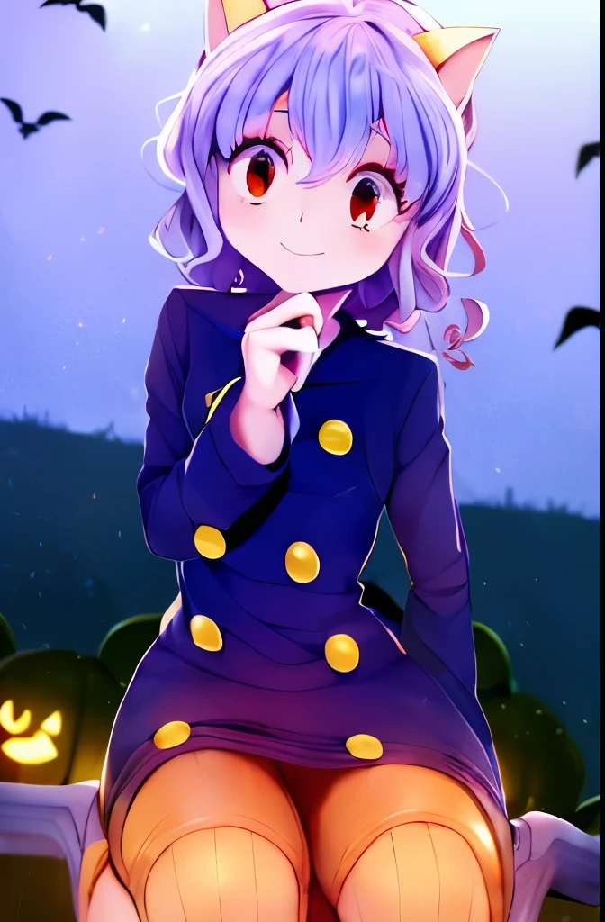 High quality, shining red eyes, Halloween, one girl, smile, nice smile, Pito from HUNTER HUNTER, cat ears, Pito from anime Hunter Hunter, Halloween festival pumpkin doll, kind smile, closed mouth smile, one girl, 5 fingers, hand on knee, closed mouth smile, A little mature, with bangs, blue eyes, shining eyes.