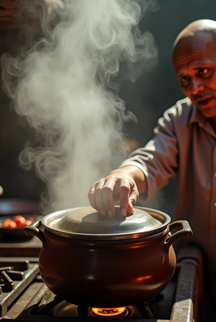 hyperrealistic photo of a 40 year old Malay man without clothes soaking in a large cauldron that is boiling at 100 degrees Celsius. Looks like a cauldron of boiling water being burned by fire, boiling smoke coming out of the cauldron on the background of a worn and old brick wall. The image is very detailed, clear and smooth