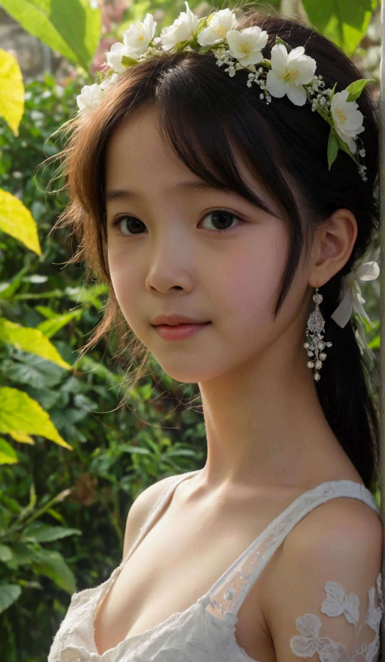 8k, masterpiece, cute, very pretty, Indonesian-Chinese, age 10, ((preteen)), pale skin, Innocent face, cute face, juvenile physique, beautiful body, Calm Eyes, White camisole dress, Her clothes are transparent and her skin is visible, adorable, blushing, pretty, flawless, Anatomically Correct, shy, embarrassed, Looking at the viewer, show off her cuteness, in the garden, natural lighting