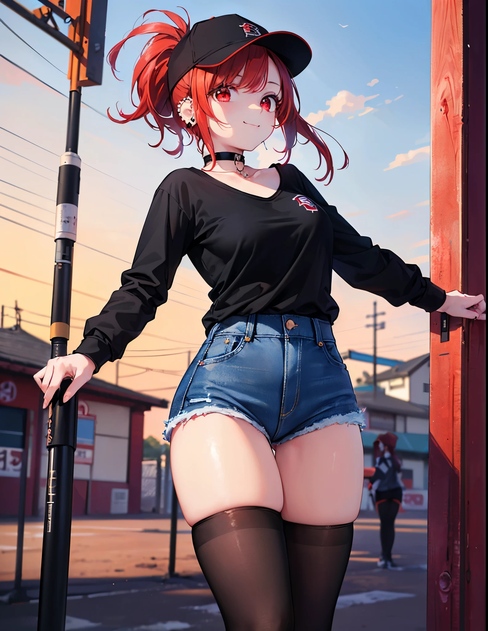 (Masterpiece, Best Quality, High Quality),(NSFW:1.3),Nishikino maki, Red hair, purple eyes, cowboy shot,low waisted pants, tight ,(sweater crop top), (sexy stomach), detailed belly, midriff, big breasts,looking at viewer, earrings,in street