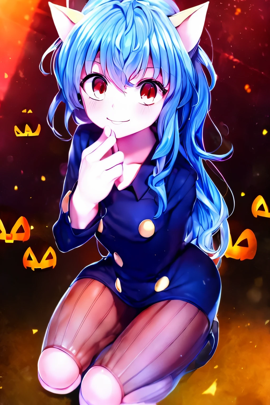 High quality, shining red eyes, Halloween, one girl, smile, nice smile, Pito from HUNTER HUNTER, cat ears, Pito from anime Hunter Hunter, Halloween festival pumpkin doll, kind smile, closed mouth smile, one girl, 5 fingers, hand on knee, closed mouth smile, A little mature, with bangs, blue eyes, shining eyes.