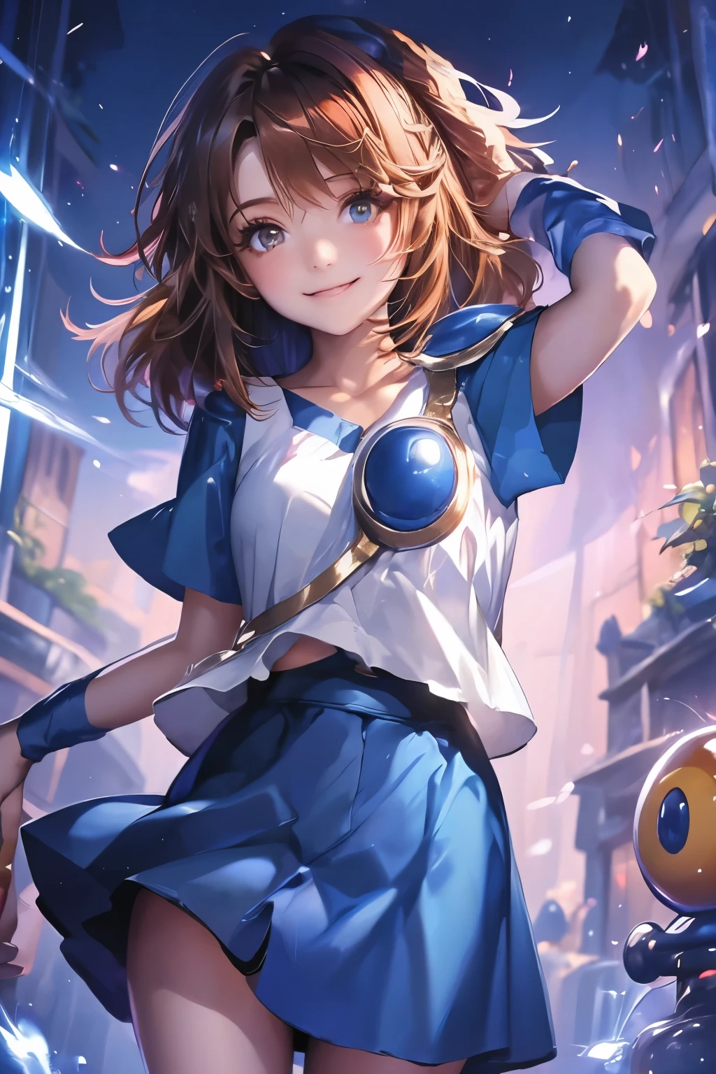 (((SFW、sound、Highest quality、first-clasasterpiece、Normal body、8k、Detailed face、Ultra-precision、Normal hand、Normal finger、5finger、Highest)))、beautiful girl、Brown Hair、Bobcut、slender、low length、thin feet、Arle Naja、Puyo Puyo、Sorcerer、Blue short-sleeved shirt、White tank top、Tank top over shirt、Blue mini skirt、Half shoulder pad、Half Breastplate、Full of energy、Apprentice Mage、A big smile、Playful