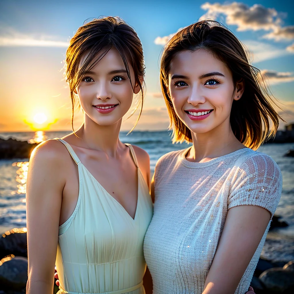 (Realistic, 超Realistic:1.4), 16K HDR, High resolution,((Whiskey Glass)),((Whiskey Bottle)),((Whiskey Glass)),Happy Smile、Short Hair,The best smile、Japanese Actress,so beautiful(It looks like the real thing),Evening Dresses,Cocktail Dresses、Whiskey Bottle、The Macallan、Johnnie Walker、、Old Parr、whiskey、Slim couple、Model Couple、(Realistic, Intricate details:1.2), Single Malt、scotch、Rocks glass、Shot Glasses、Whisky on the Rock、Scotland、Amazing view of the sunset sky and clouds、,Digital SLR camera, Soft lighting, Detailed Background, Volumetric lighting, Sharp focus, super Realistic 肌,so beautiful表現です,Cloud Effect:1.2、プロ品質のHigh resolution、Best Quality,Slim figure,Highly detailed face,Detailed eyes,Beautiful Lips,Excellent light particles,Cinema Lighting,blue eyes,