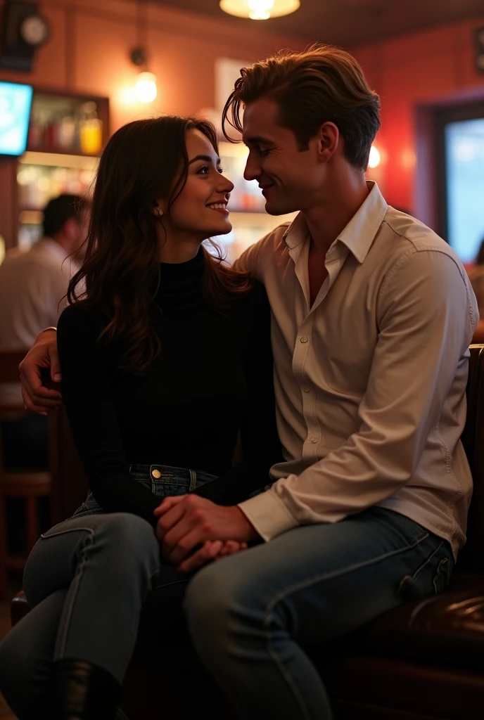 Handsome man and stunning 30-year-old European girl, laughing, sitting at an open air cafe