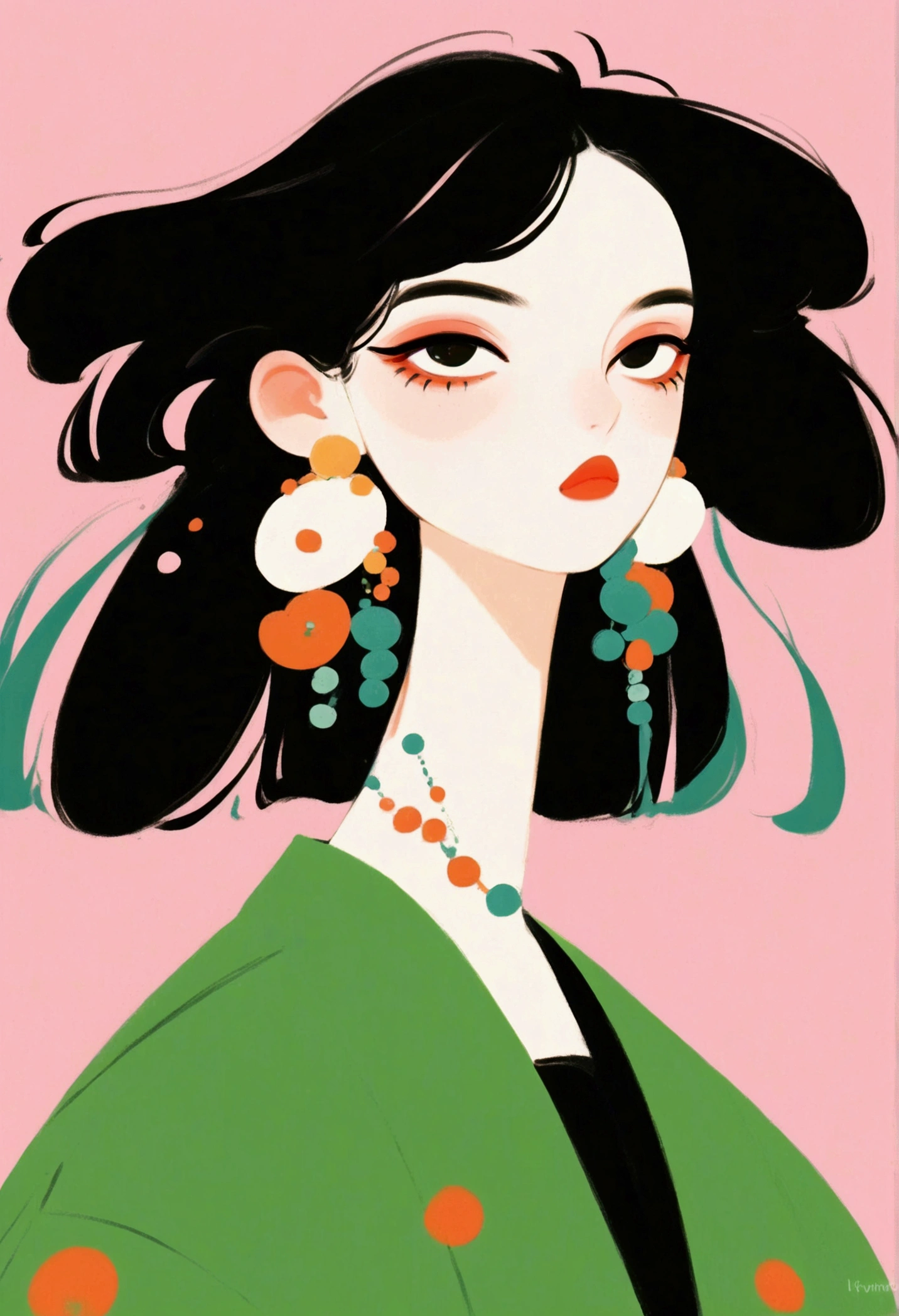 a close up of a cartoon girl with a black hair and earrings, lofi girl, retro anime girl, in style of ilya kuvshinov, cute art style, digital anime illustration, ilya kuvshinov style, anime style illustration, in style of digital illustration, lofi portrait, 2d illustration, 2 d illustration