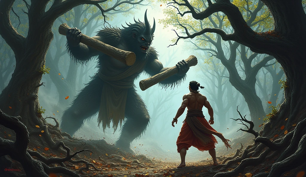 In cenamatic 3d cartoon style "Portray Hanuman overpowering and defeating Ahiravan in the dark, mystical environment.
