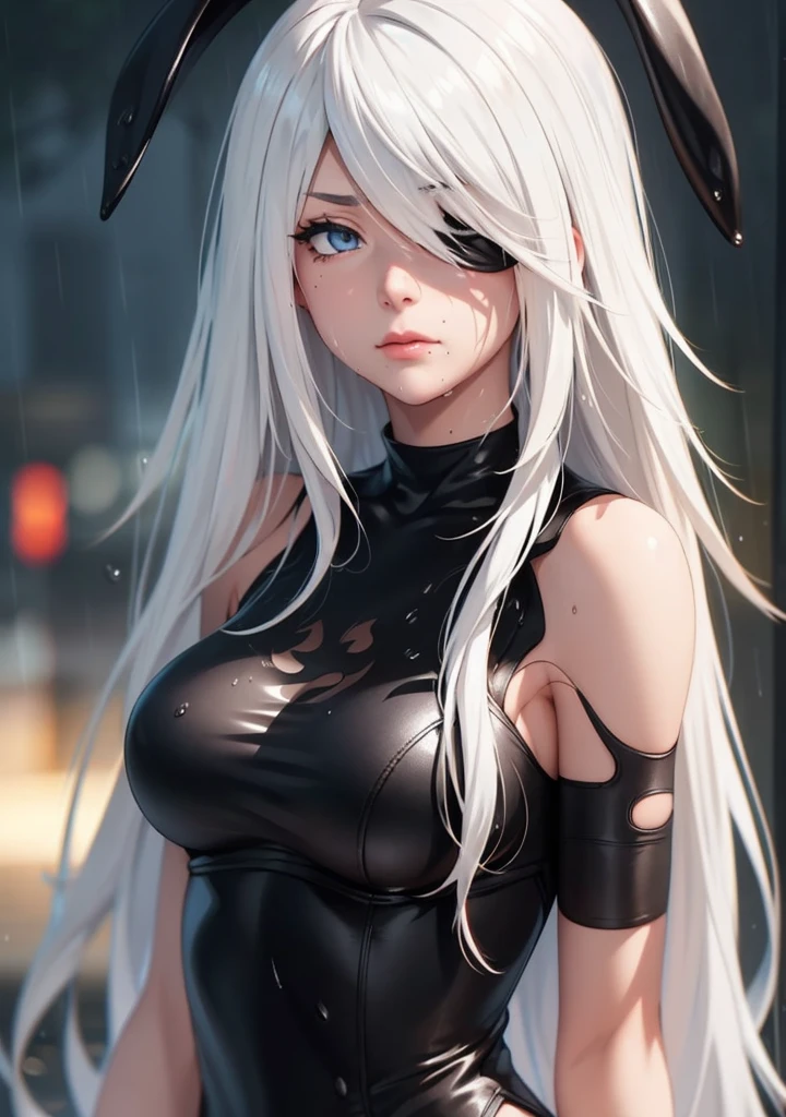 score_9, score_8_up, score_7_up, 1girl, solo, breasts, long hair, dress,bare shoulders, medium breasts, closed mouth, bunny ears, upper body, white hair, sleeveless, mole, blurry, black dress, lips, wet, depth of field, blurry background, turtleneck, phone, wet clothes, mole under mouth, facing viewer, rain, water drop, wet hair, yorha no. 2 type b, blindfold