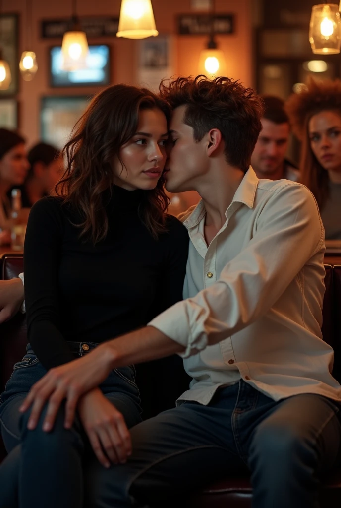 there is a kissing couple standing in front of a store hugging and stroking each other, there is a young girl in a very shiny black  laquered coat putting her arm around his neck, over his shoulder, erotic scene, kissing love, kissing in public,  blurred detail, very details, candid shot, with his back turned, looking her shoulder, hugging, high details!, hug, couple, holding close, kiss, very close shot, photo still of behind view, touching