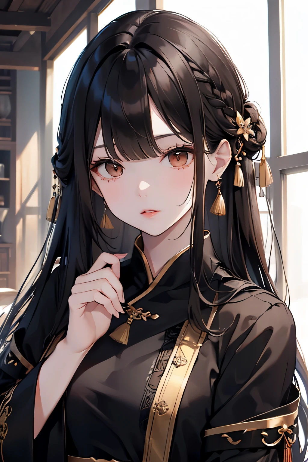 Anime girl with long black hair and a black dress - SeaArt AI