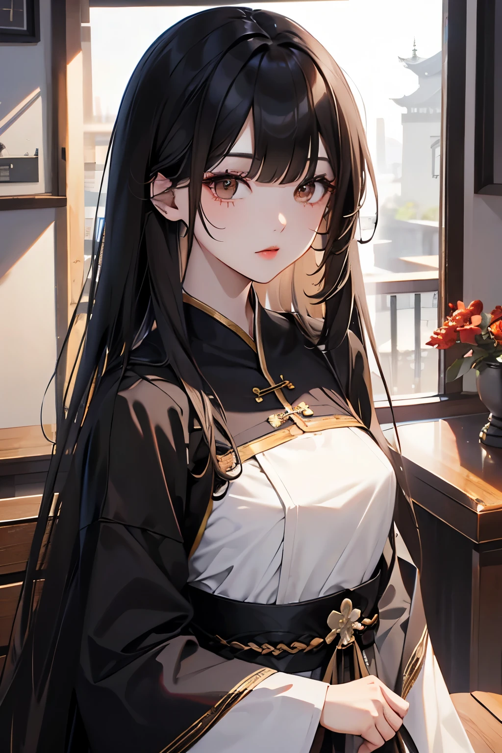 Anime girl with long black hair and white dress standing in front of a ...