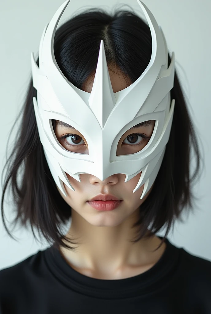 Woman with white Japanese cat mask, 8k, alta qualidade, fundo simples.