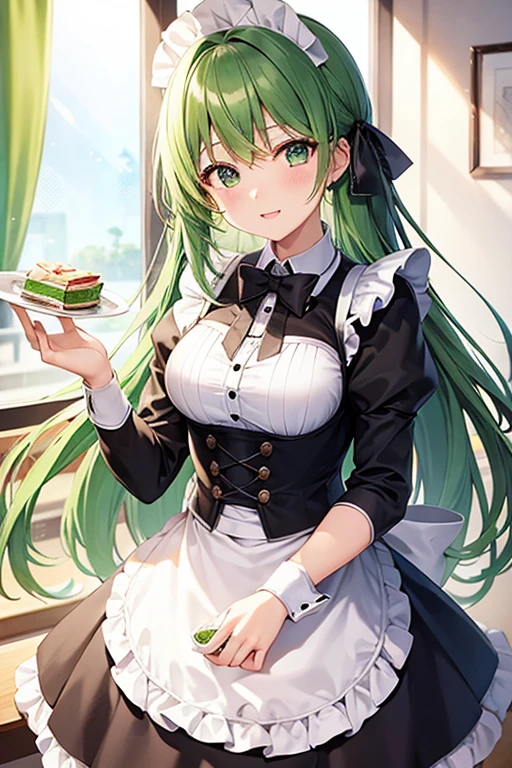 (The ultimate biggest Wedding cake) (best quality detailed Delicious parfait), (solo:2, 15 yo) (beautiful ponytail) (beauty green hair long hair) (beauty lovely girl), (beautiful detailed Heart-shaped pupils yellow eyes), (cute open mouth, medium tits), in a cute Apron dress, break, in the best cute Patisserie, BREAK, perfect anatomy, masterpiece, best quality, 16k, beautiful detailed grow, daydreaming expression.